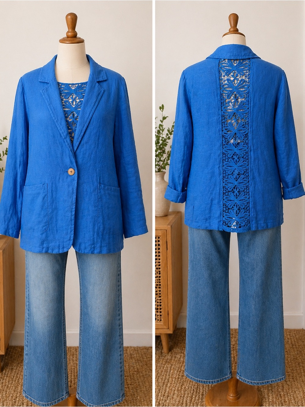 Carla Giannini Paris Blue Linen Blazer Crochet Back Jacket Boho Chic Lightweight